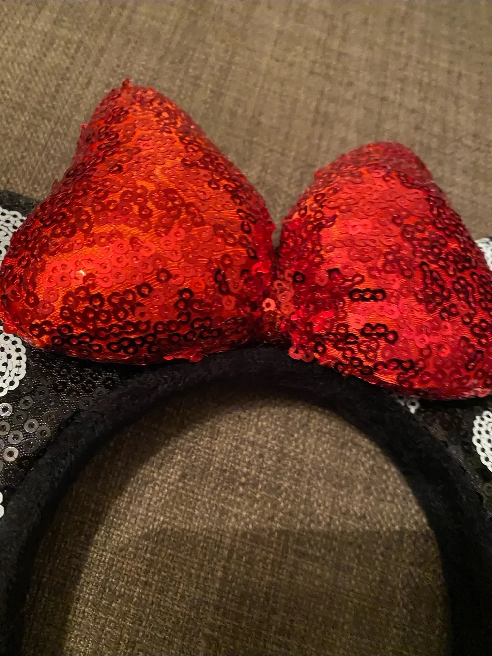 Disney Black Polka Dot Sequin Minnie Ears Headband with Red Bow